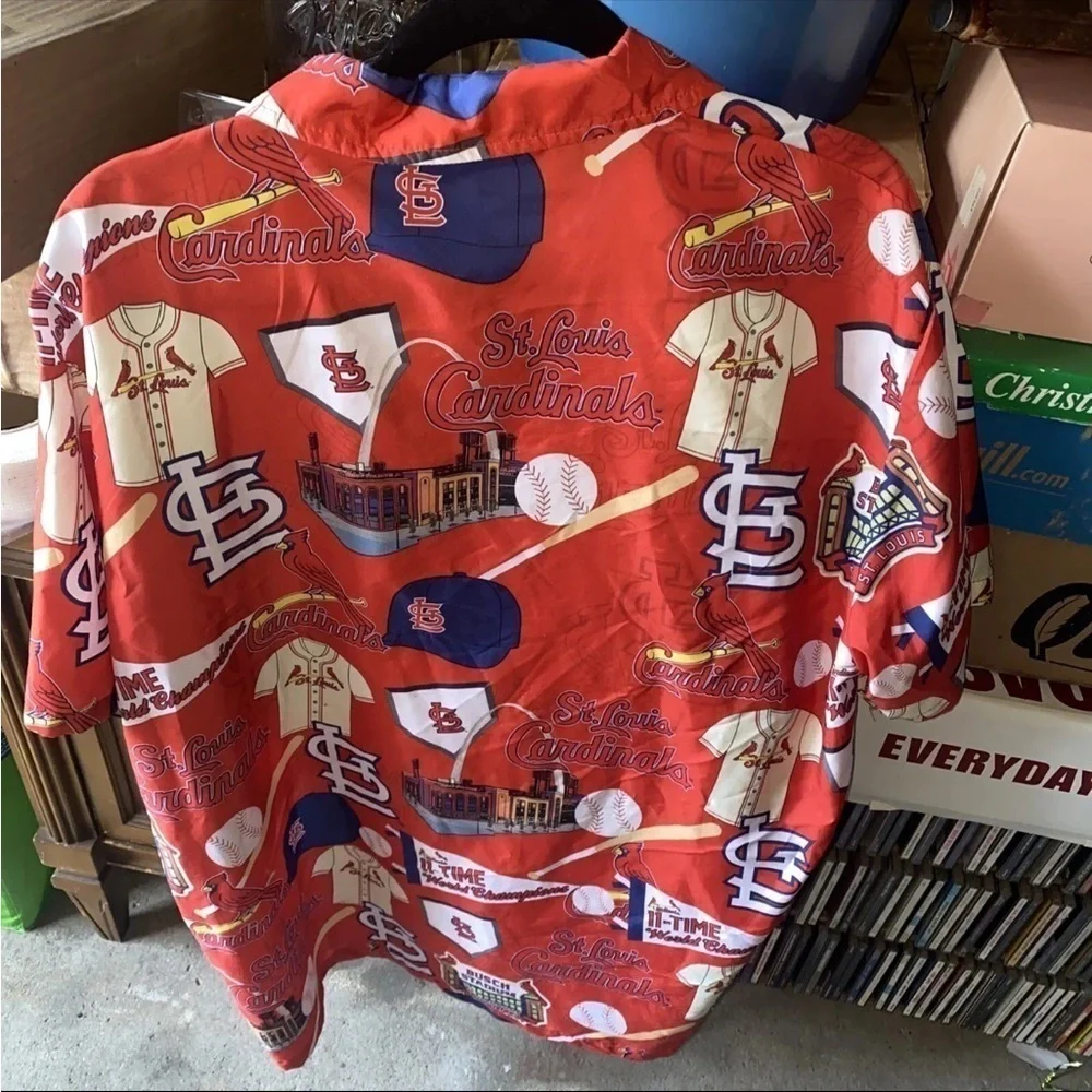 VTG St.Louis Cardinals Button Up ALL OVER PRINT SHIRT RED Pennant Hawaii Xl‎